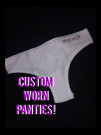 Imagine your own excitement once you are smelling, tasting and enjoying all of my delicious wetness and creamy juices with a pair of my worn panties, personalized in any way that stiffens your fantasy 

?Message me to order a CUSTOMIZED pair of SURPRISE PANTIES?