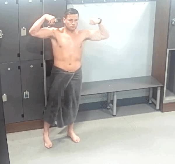 The advantages of working in a gym! A handsome hunk with a big cock caught in the locker room?